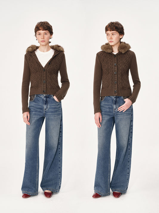 Cabled Cardigan with Fur Collar