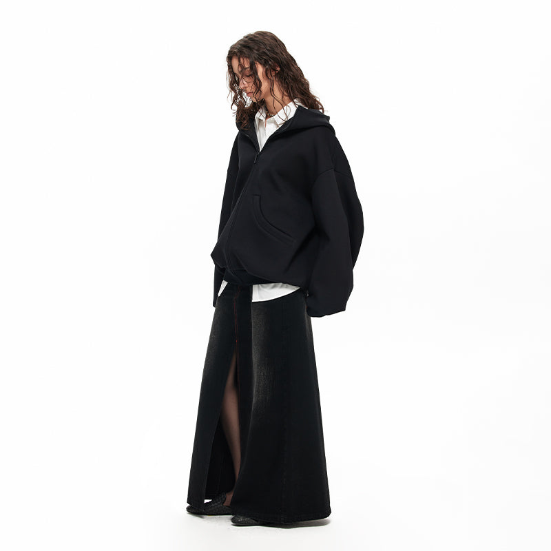 NUHT “Stitch” Washed Split Denim Long Skirt
