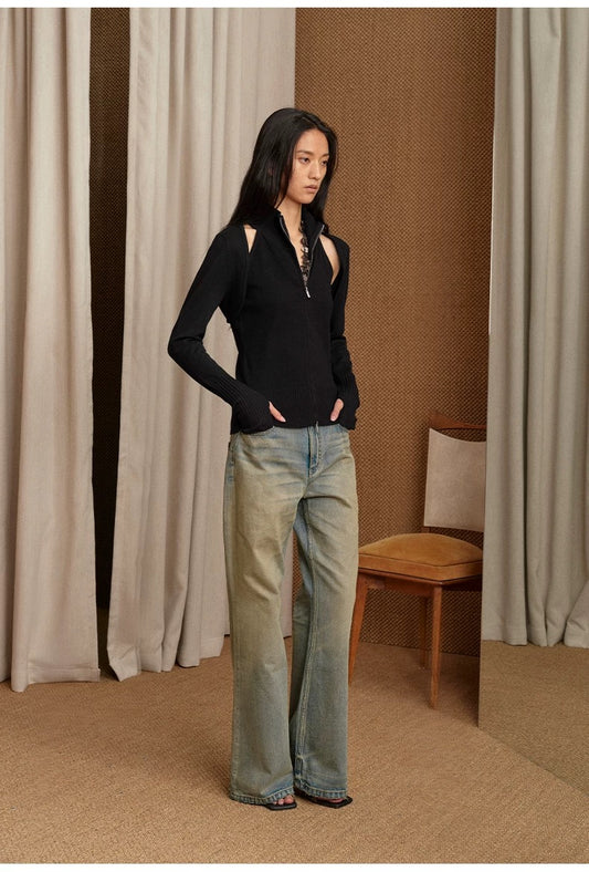 NUTH Multi-wear slim long-sleeved knitted shawl double-head zipper vest two-piece suit for women