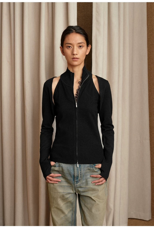 NUTH Multi-wear slim long-sleeved knitted shawl double-head zipper vest two-piece suit for women