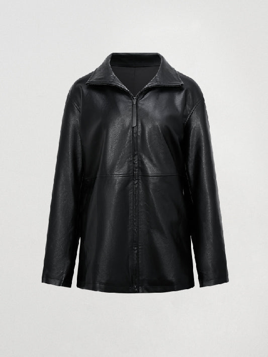 Loose Funnel-Neck Leather Jacket