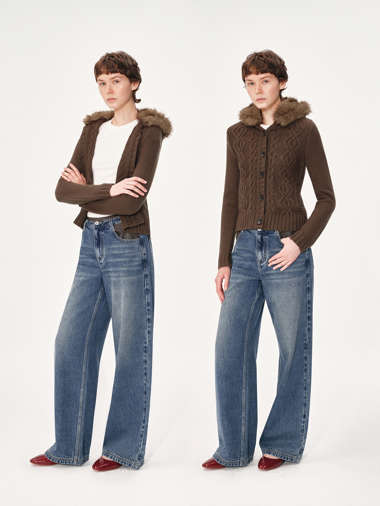 Cabled Cardigan with Fur Collar