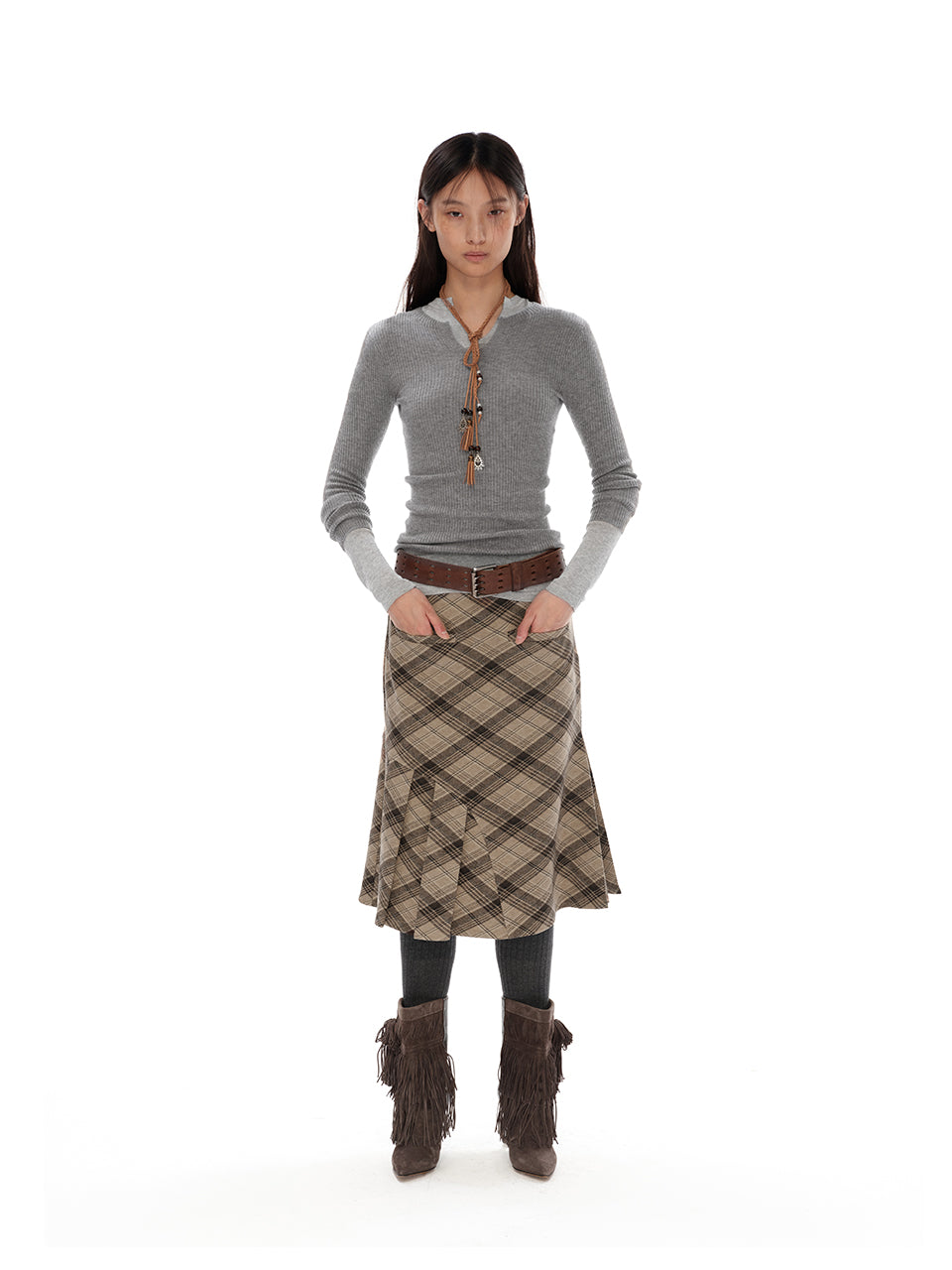 Plaid mid-length skirt