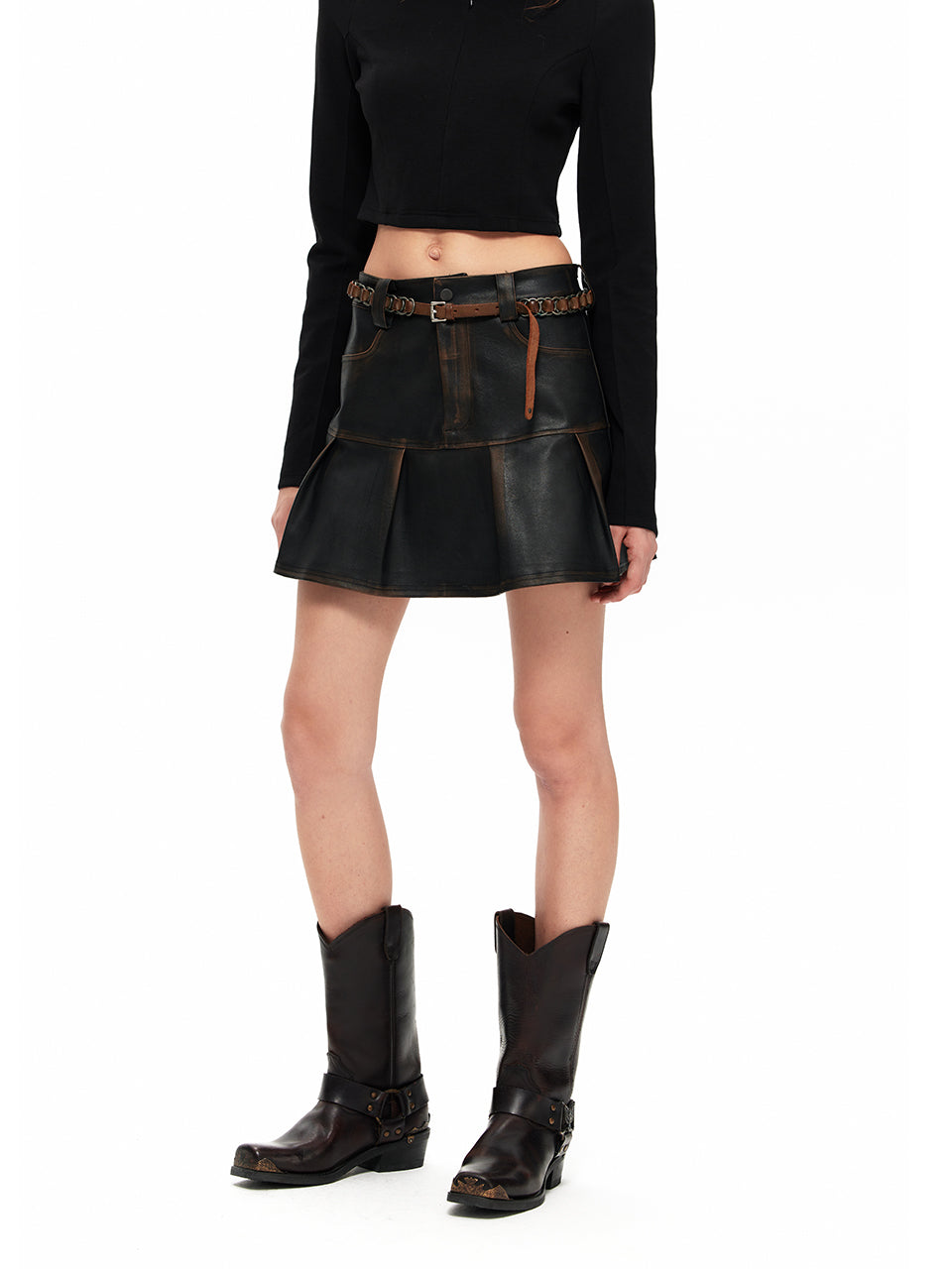 NUHT “Leather Mini Skirt” Brown Distressed Faux Leather Skirt