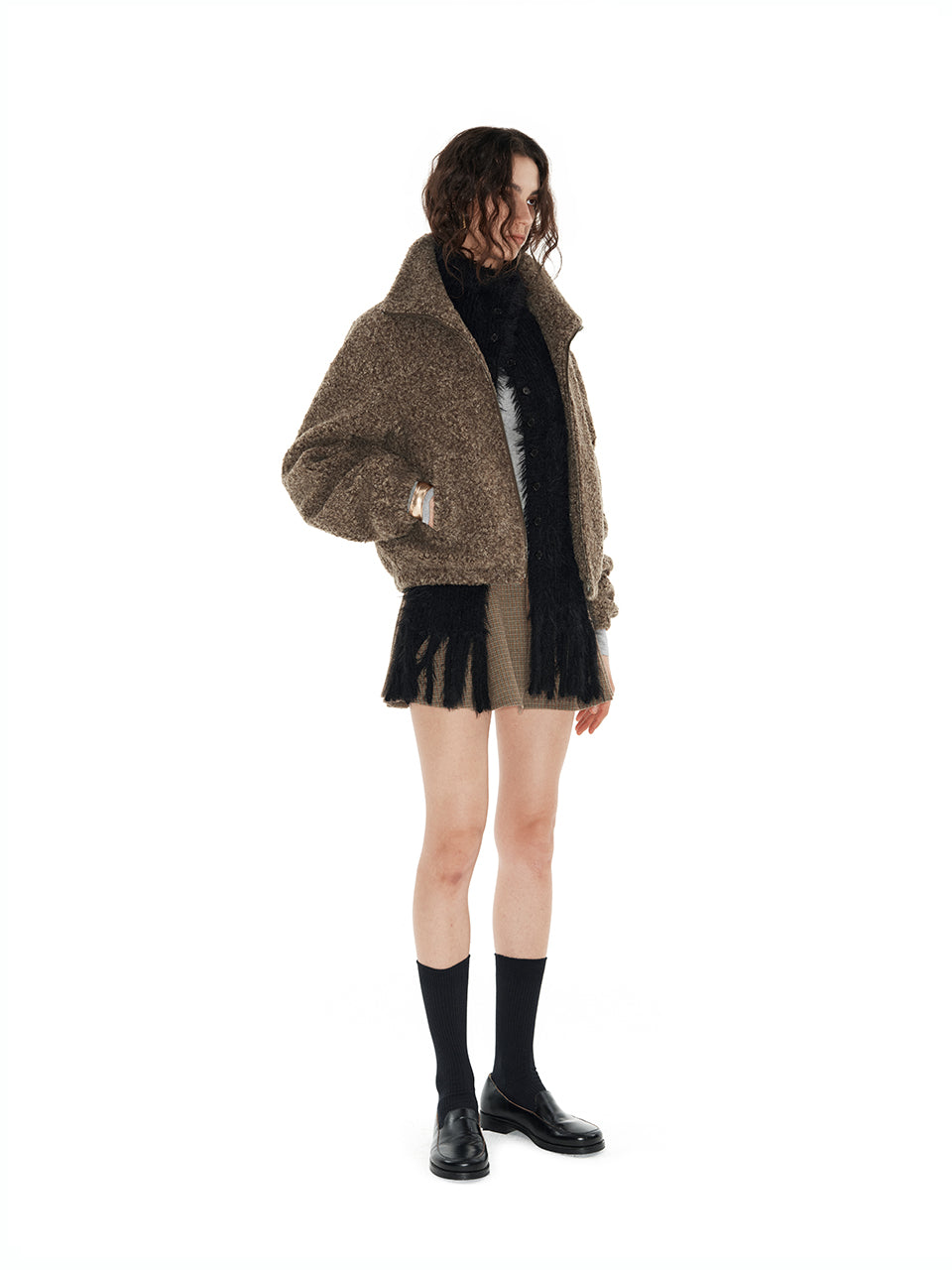 High-collared heathered short-haired coat