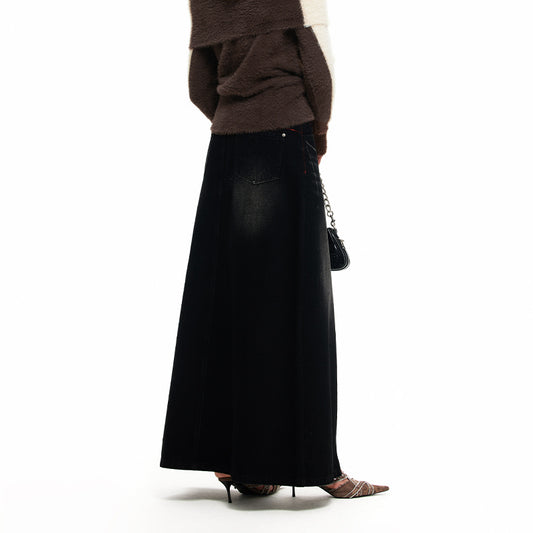 NUHT “Stitch” Washed Split Denim Long Skirt