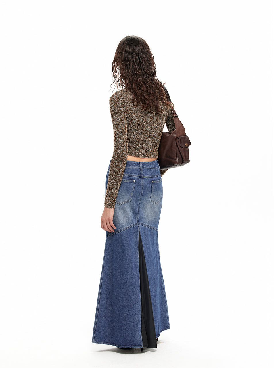 NUTH "Patchwork Fishtail Skirt" Contrast Color Denim Long Skirt(Blue)