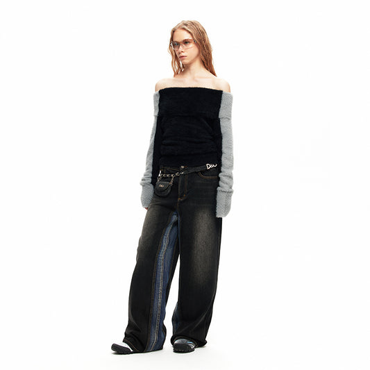 NUHT “Box” Contrast Color Faux Mink Off-Shoulder Top(Black)