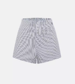 Wide waist button fly shirt shorts black and white plaid/blue background and white stripes