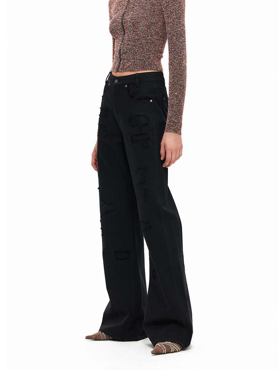 NUHT “Unbreakable Hole” Black Patched Flared Jeans