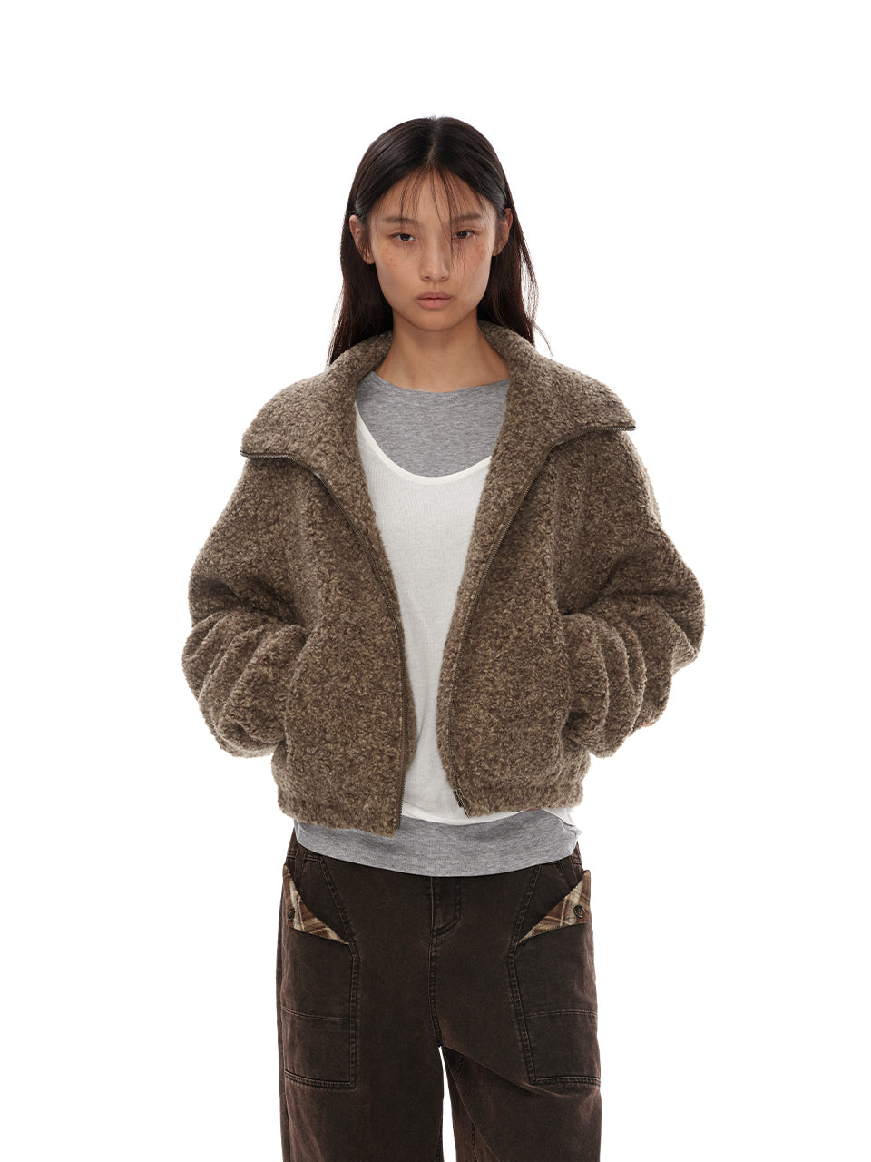 High-collared heathered short-haired coat