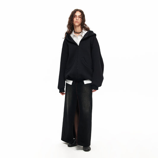NUHT “Stitch” Washed Split Denim Long Skirt