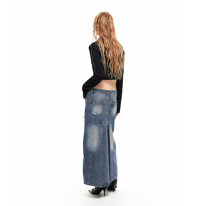 NUHT “Desquamate” Ripped Washed Denim Long Skirt