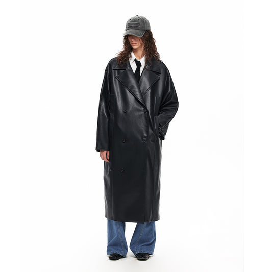 NUHT Retro Loose Long  Faux Leather Coat(Black)