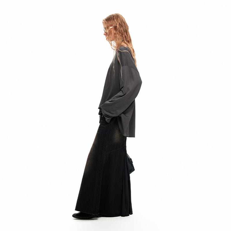 NUTH "Patchwork Fishtail Skirt" Contrast Color Denim Long Skirt(Black)