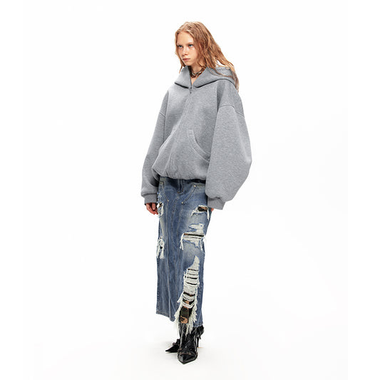 NUHT “Desquamate” Ripped Washed Denim Long Skirt