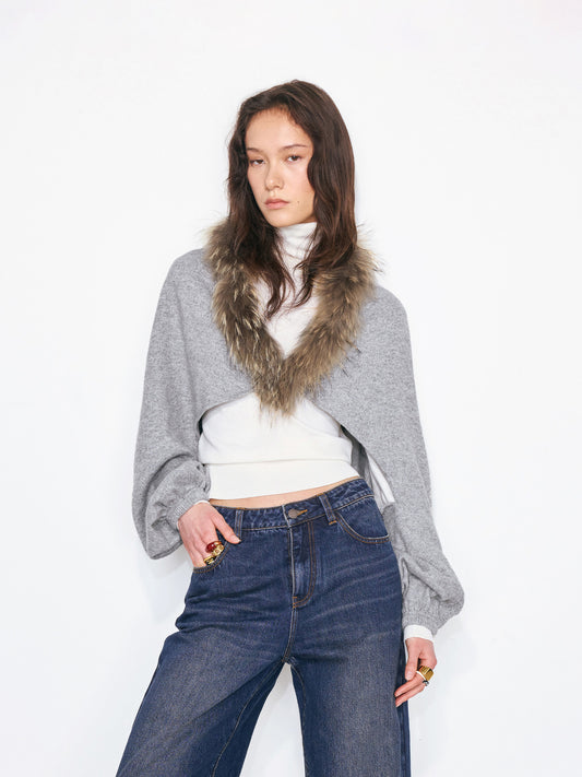 Detachable Real Fur Collar Shawl Coat