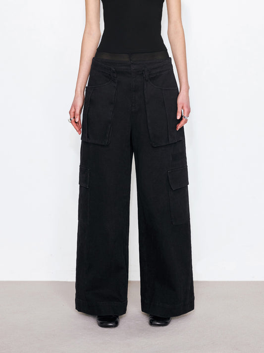 Double Waist Cargo Wide Pants