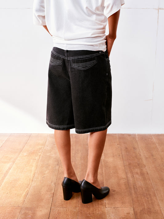 Contrast-Stitch Relaxed Denim Shorts