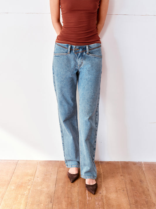 Light Blue Washed Contrast-Stitch Stretch Crop Jeans