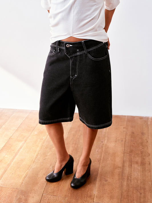 Contrast-Stitch Relaxed Denim Shorts