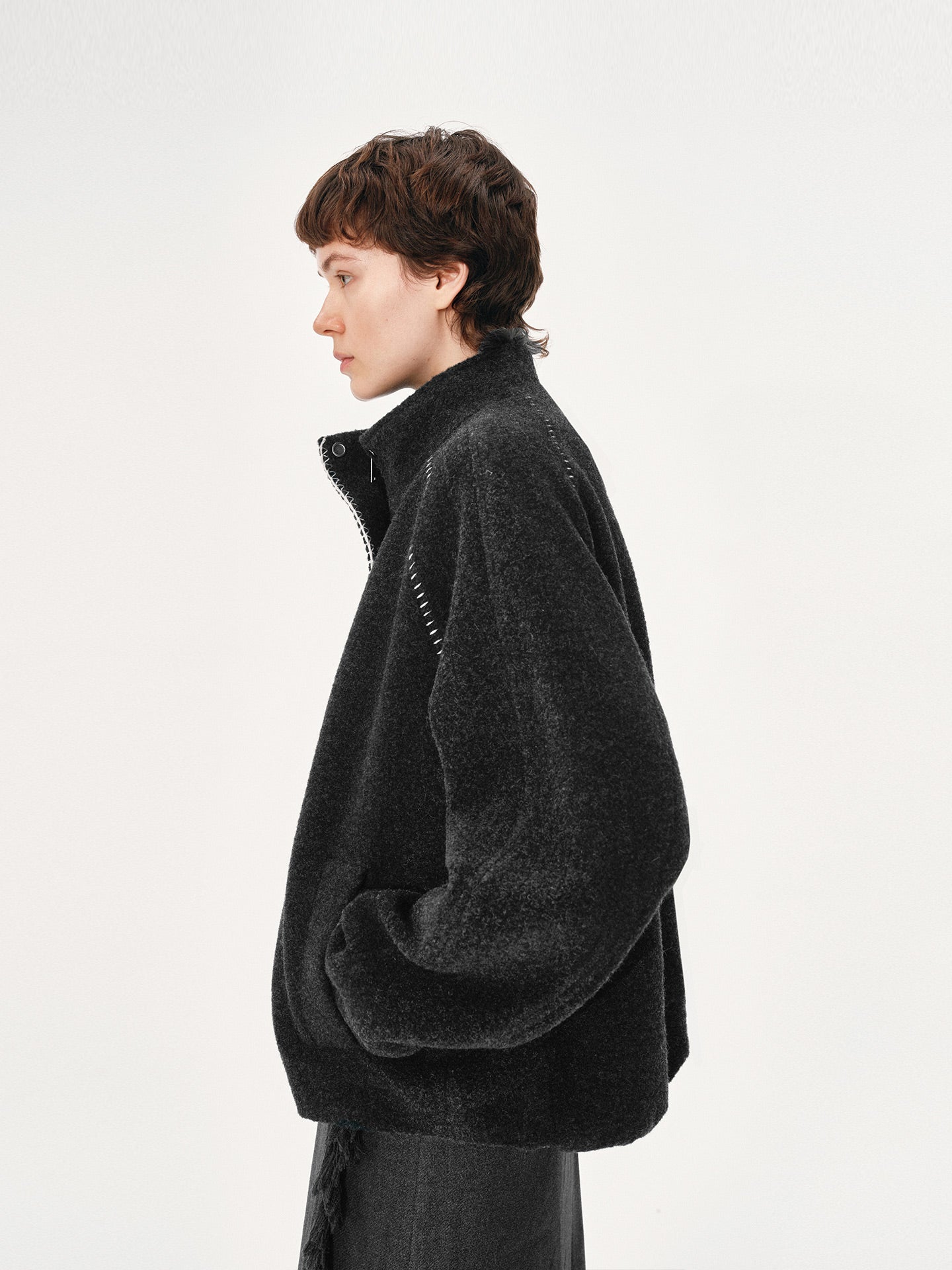 Knitted trim wool short coat