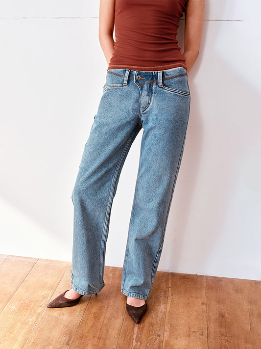 Light Blue Washed Contrast-Stitch Stretch Crop Jeans