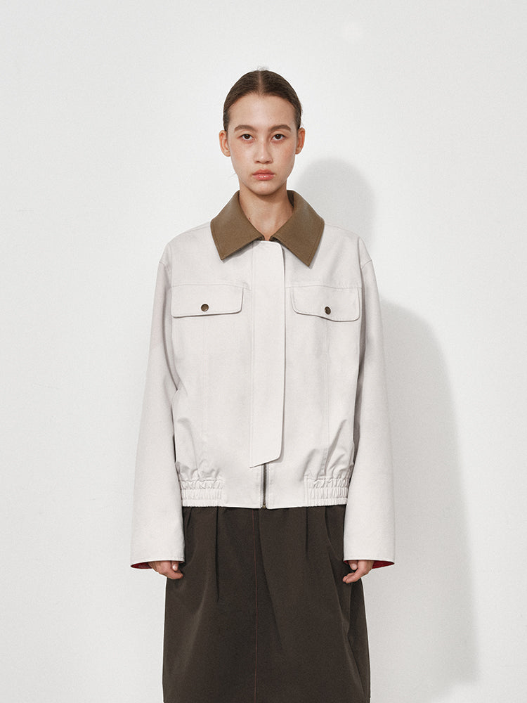 Leather-Collar Colorblock Trench Jacket