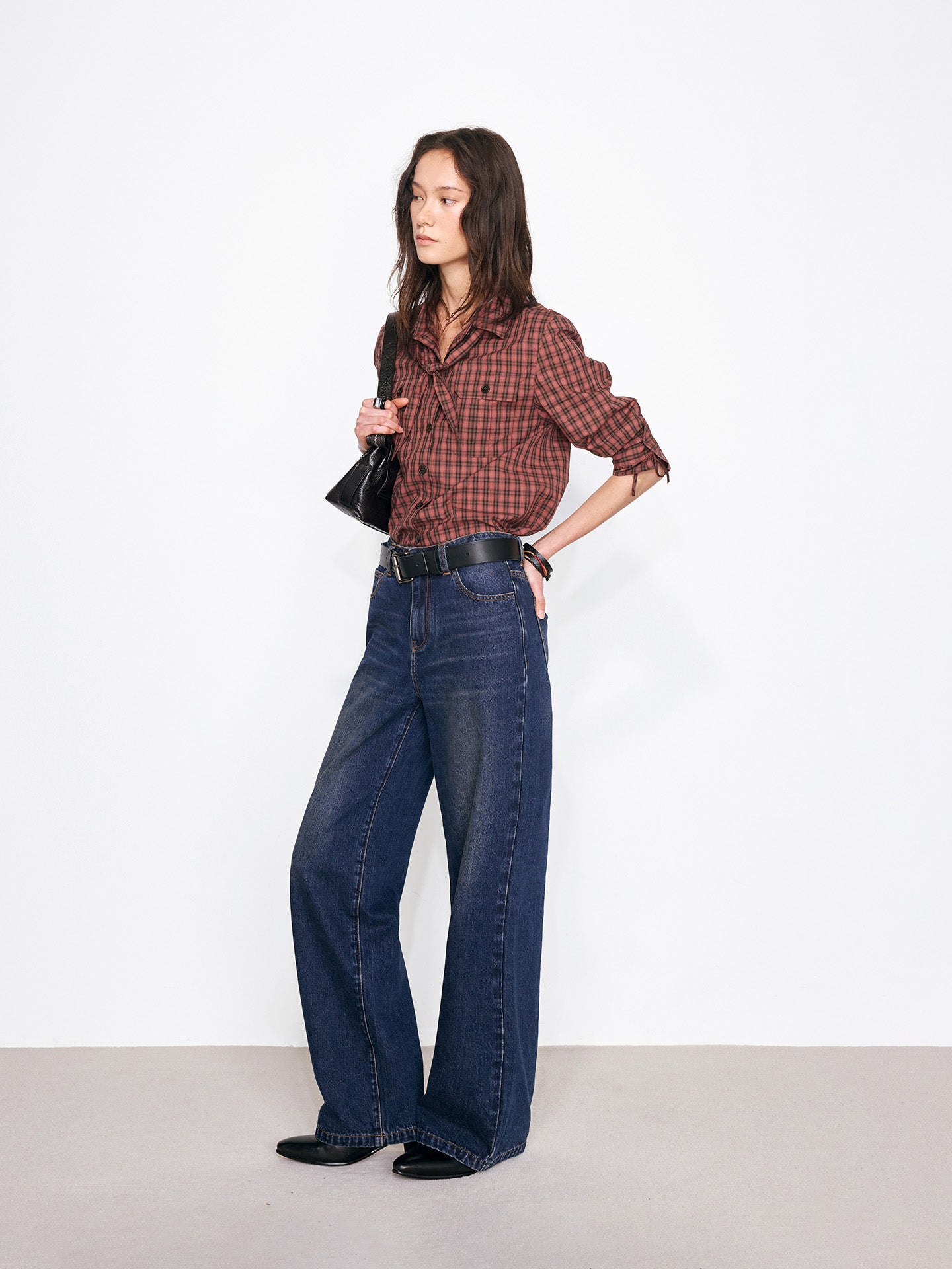 Work Plaid Shirt with Detachable Bow Tie