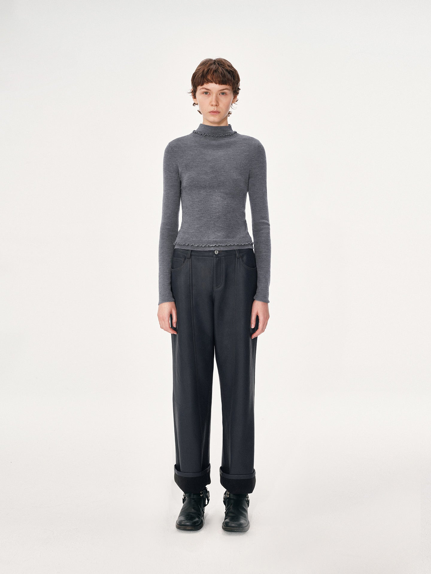 High-Neck Sweater with Ruffle Trim