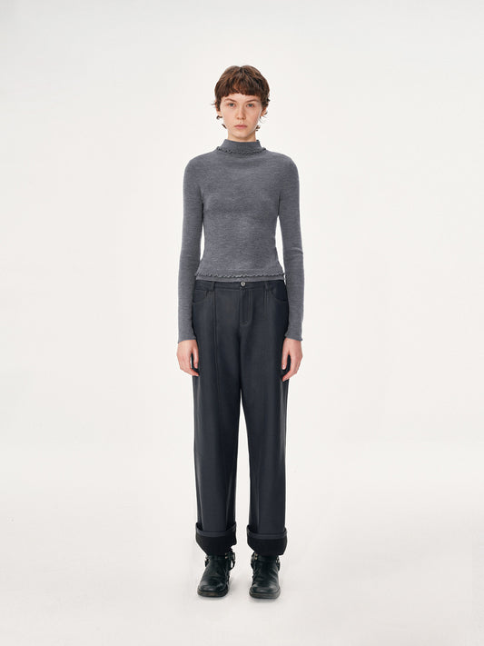 High-Neck Sweater with Ruffle Trim
