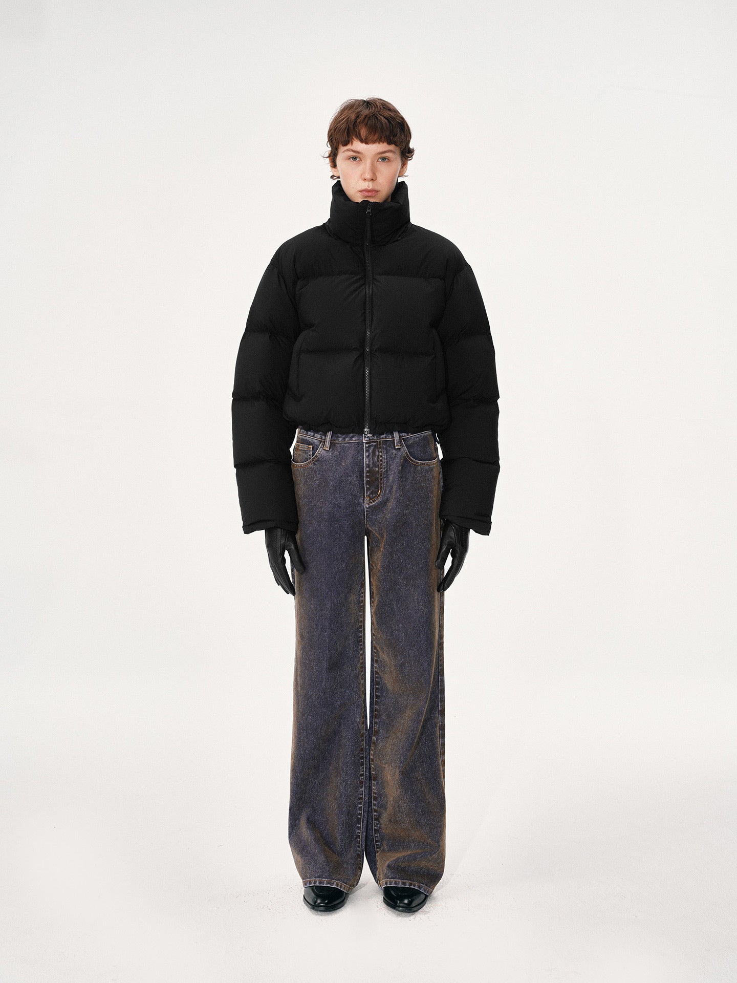 Flocked and Distressed Straight-Leg Jeans