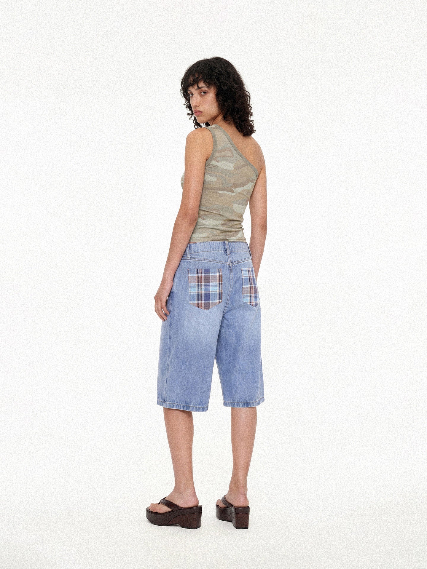Plaid Panel Denim Knee-Length Shorts