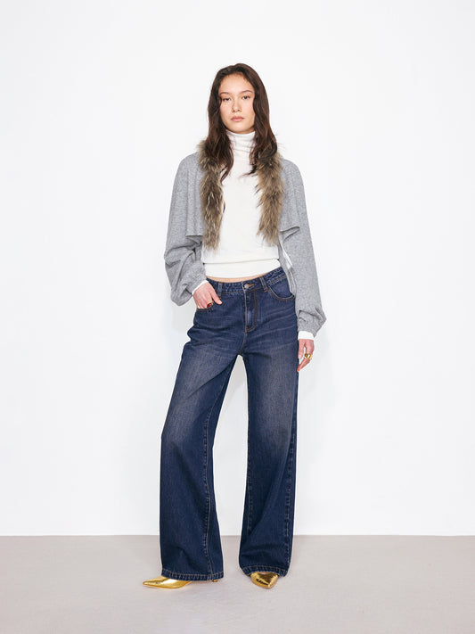 Detachable Real Fur Collar Shawl Coat