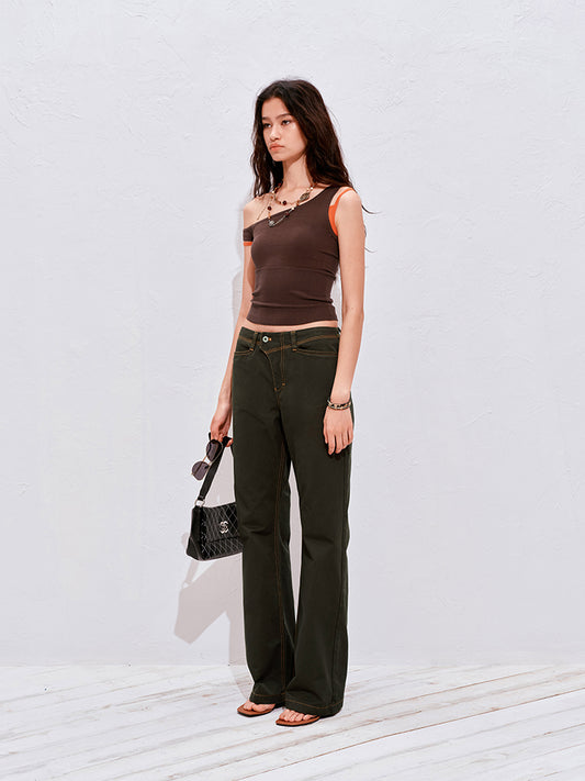 Contrast-Stitch Straight-Leg Pants