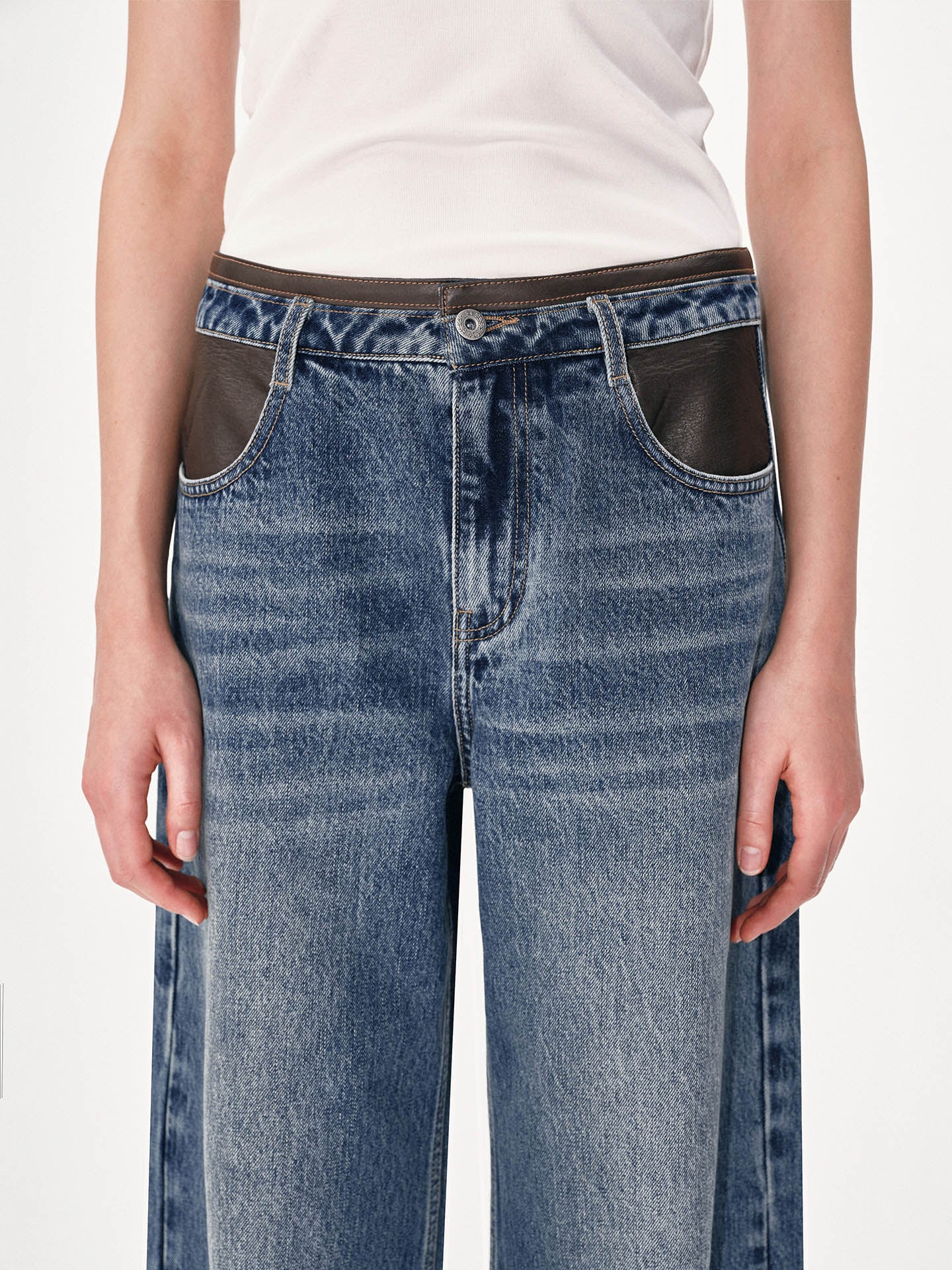 Wide-Leg Jeans with Leather Panels