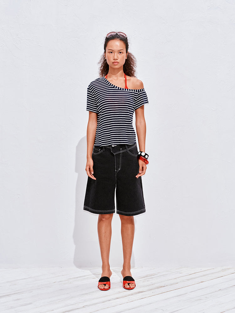 Striped one-shoulder T-shirt