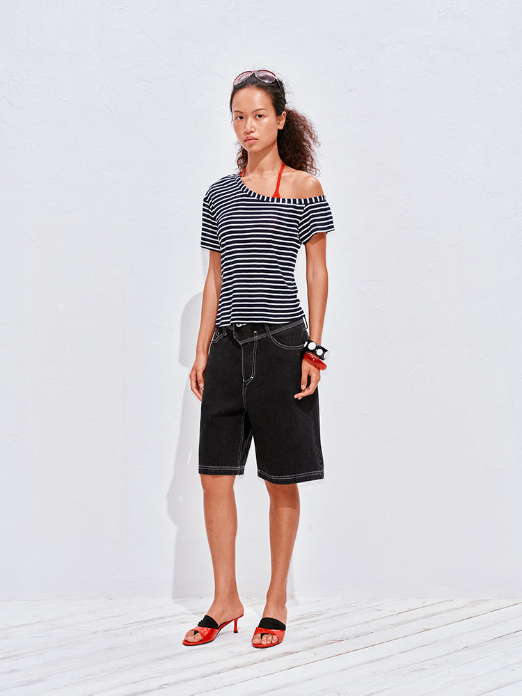 Striped one-shoulder T-shirt