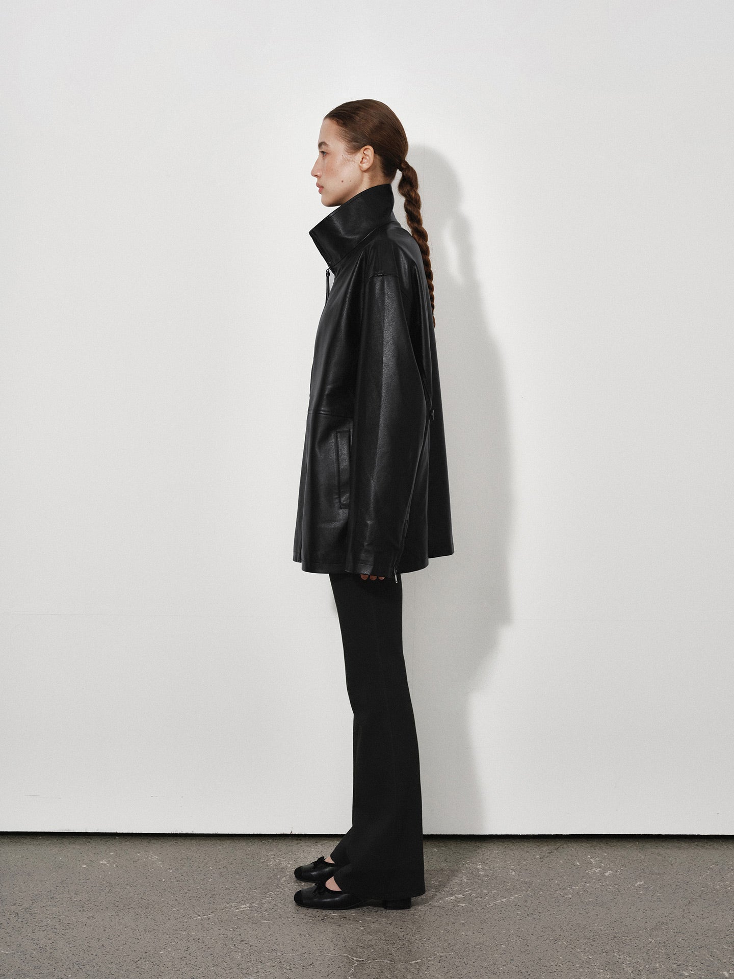 Loose Funnel-Neck Leather Jacket