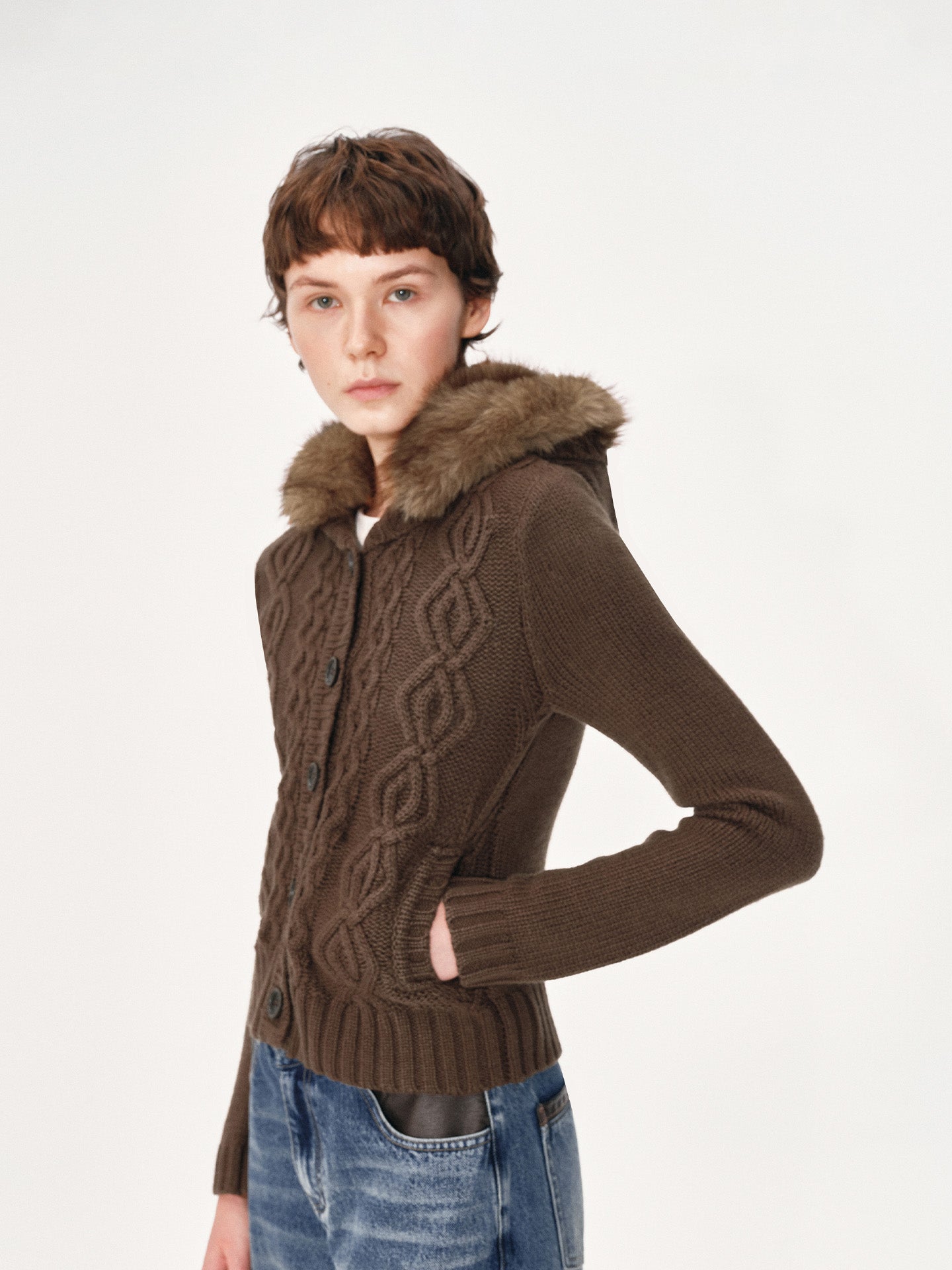 Cabled Cardigan with Fur Collar