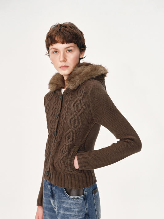 Cabled Cardigan with Fur Collar
