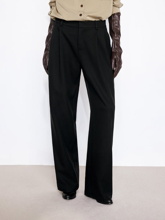 Contrast Side Seam Straight-Leg Double-Pleated Trousers