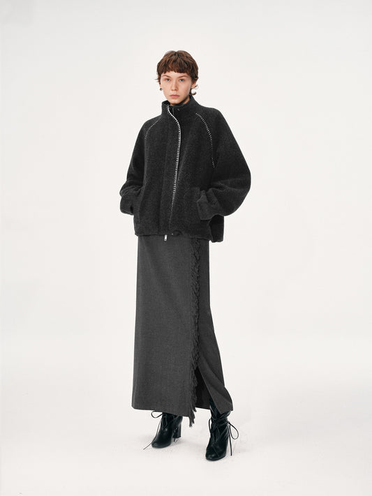 Knitted trim wool short coat