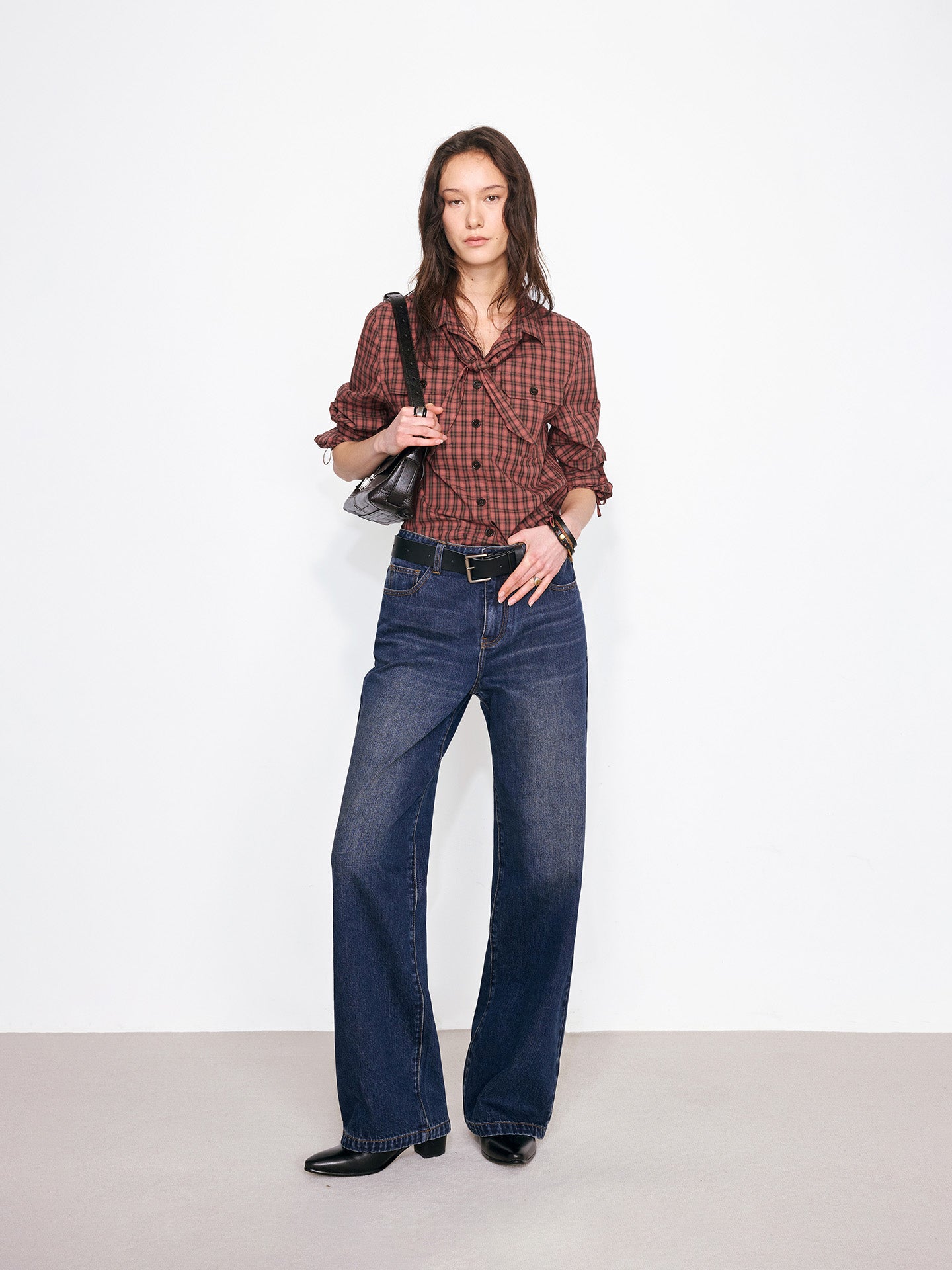 Work Plaid Shirt with Detachable Bow Tie