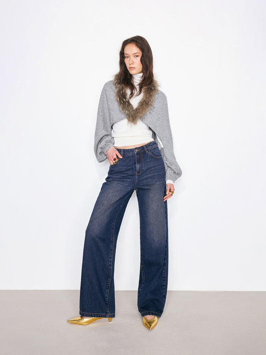 Detachable Real Fur Collar Shawl Coat