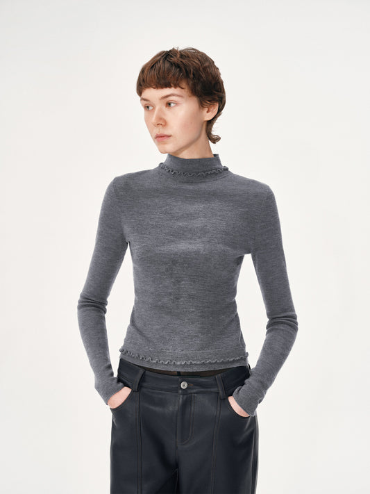 High-Neck Sweater with Ruffle Trim