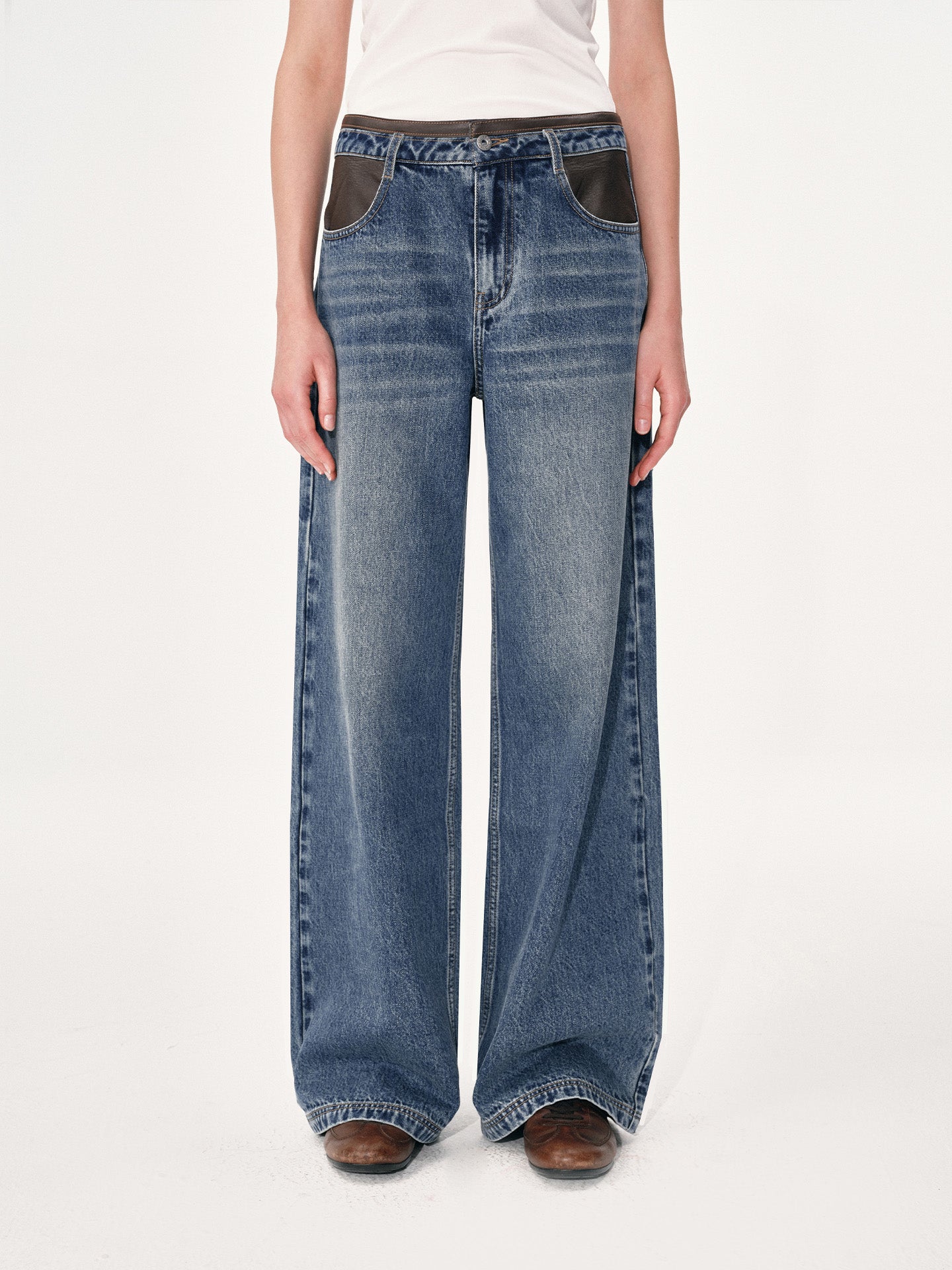 Wide-Leg Jeans with Leather Panels