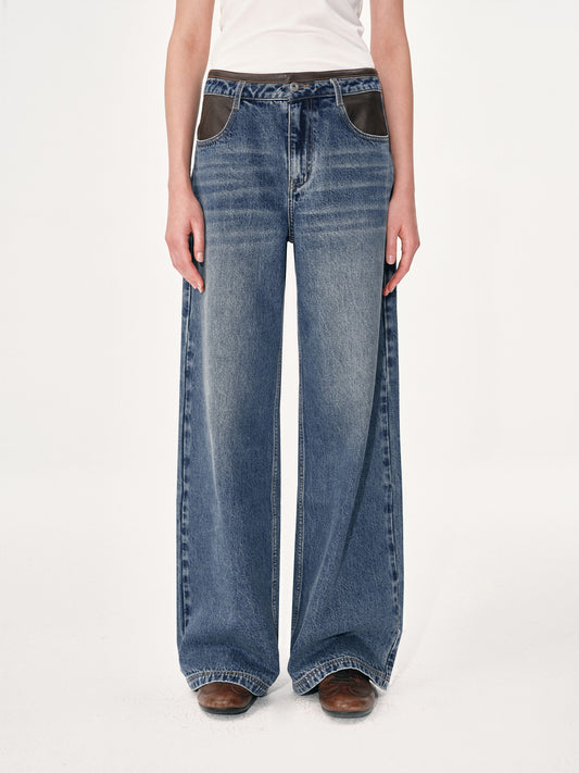 Wide-Leg Jeans with Leather Panels