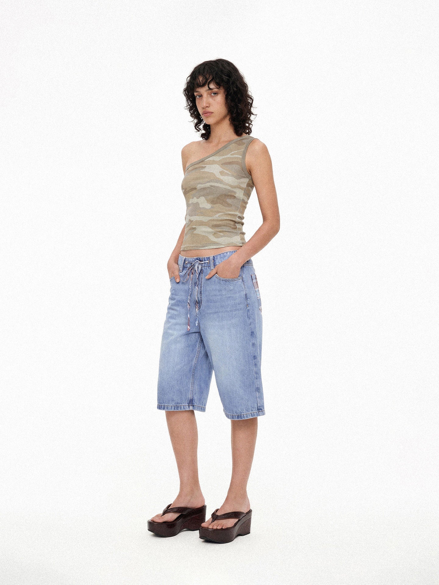 Plaid Panel Denim Knee-Length Shorts