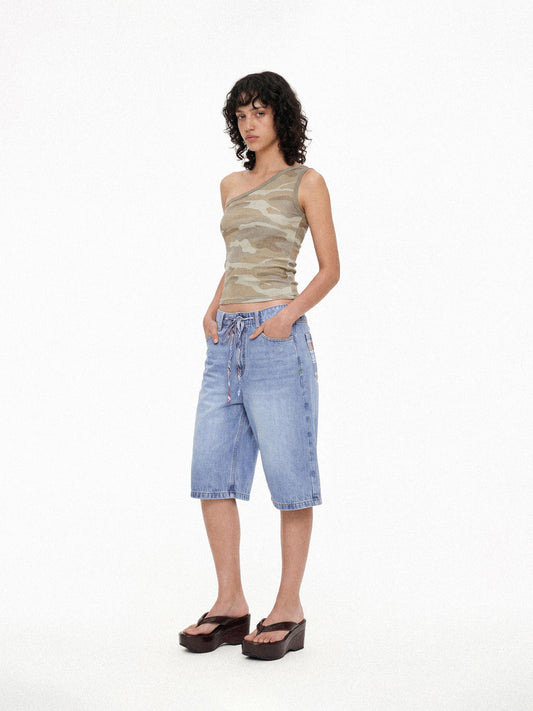 Plaid Panel Denim Knee-Length Shorts